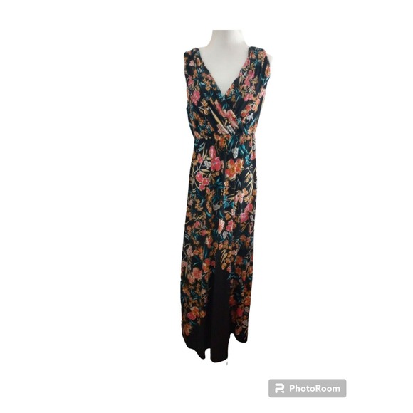 Soma Maxi Sleeveless Faux Wrap Double V Dress Size Medium Black Floral Soft - Picture 4 of 8